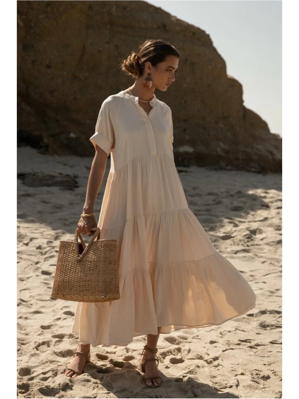 Bohme Amanda Cream Tiered Button Front Midi Dress XS